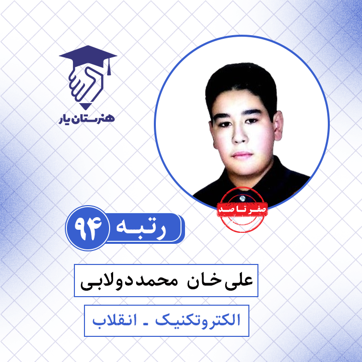علی خان محمددولابی رتبه 94 کنکور الکتروتکنیک سال 1401